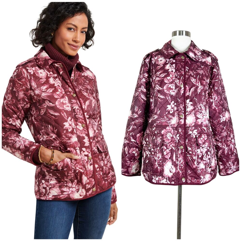 Talbots | Floral Quilted Maroon Berry Lightweight Plus Size Barn Jacket Puffer